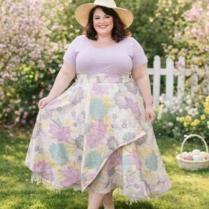 Stunning 2XL/3XL Floral Pastel Green Pink Embroidered Heavy Wrap Skirt Twee